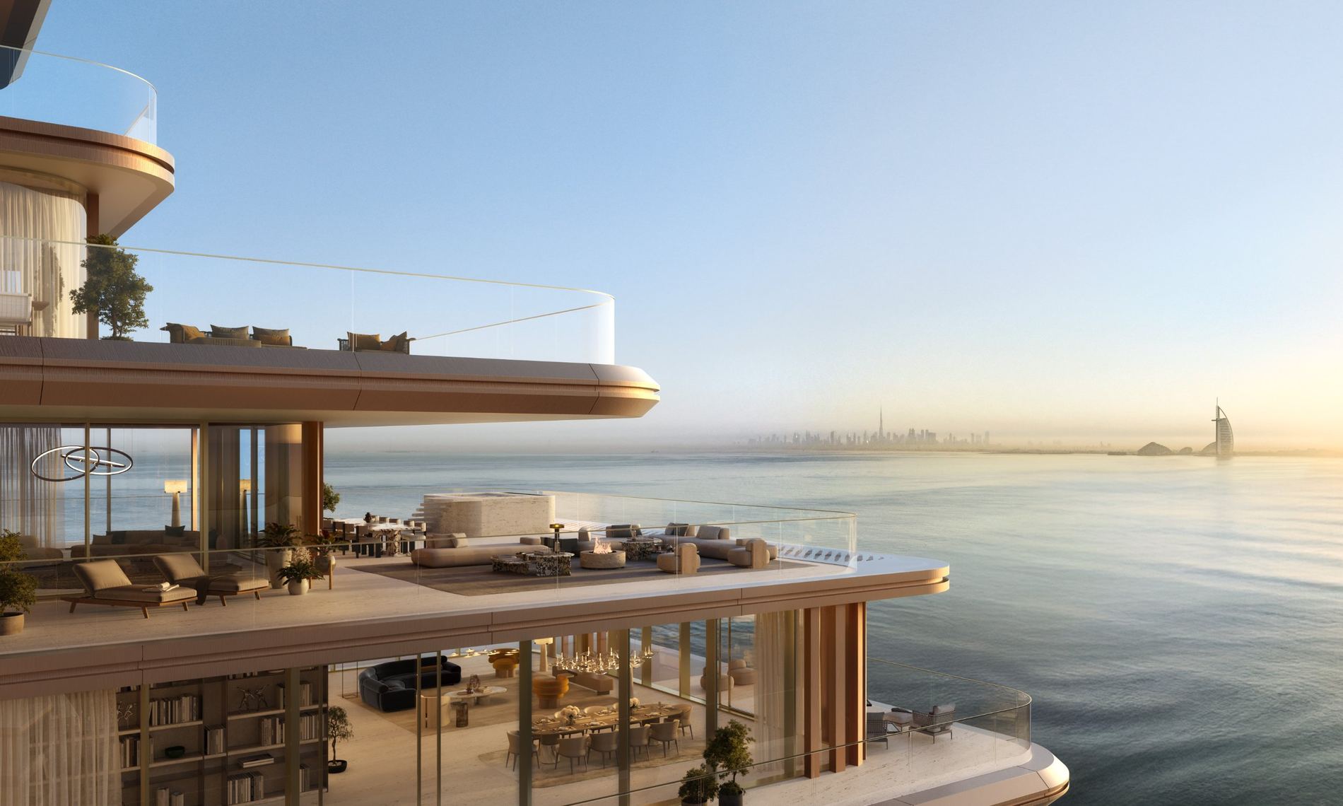 A penthouse terrace above the sea at first light